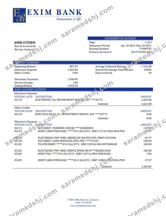 Comoros  Exim bank statement